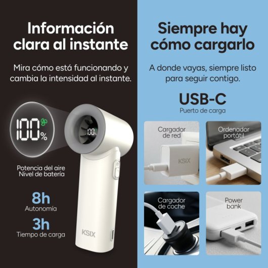 Mini Ventoinha Portátil Ksix Airgo Turbo 5 Velocidades 9,0 m/s 17.400 rpm Bateria 3.000 mAh USB-C Ecrã LED Preta