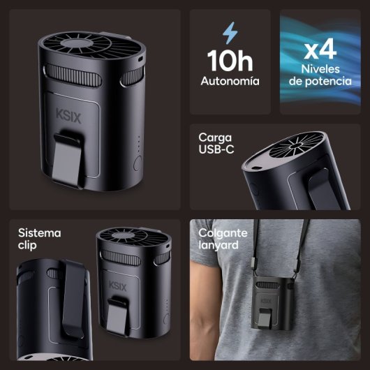 Mini Ventoinha Portátil Ksix Airgo Belt 4 Velocidades 8,8 m/s USB-C Preto