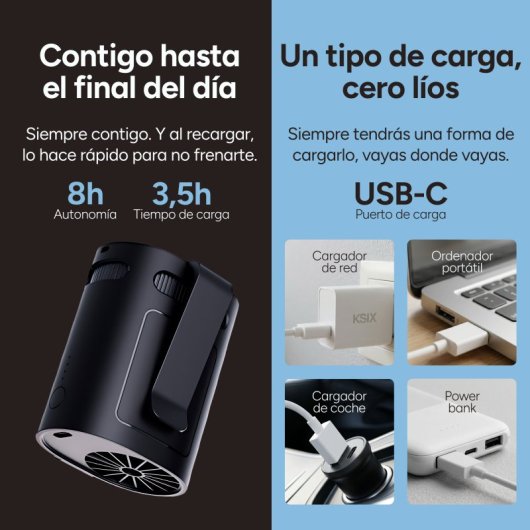 Mini Ventoinha Portátil Ksix Airgo Belt 4 Velocidades 8,8 m/s USB-C Preto