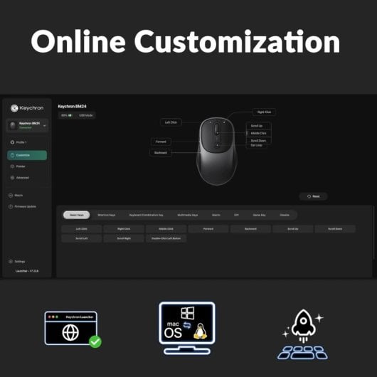 Ratón Keychron BM24 RF Wireless Bluetooth USB Type-C 2400DPI Grau Metallisch