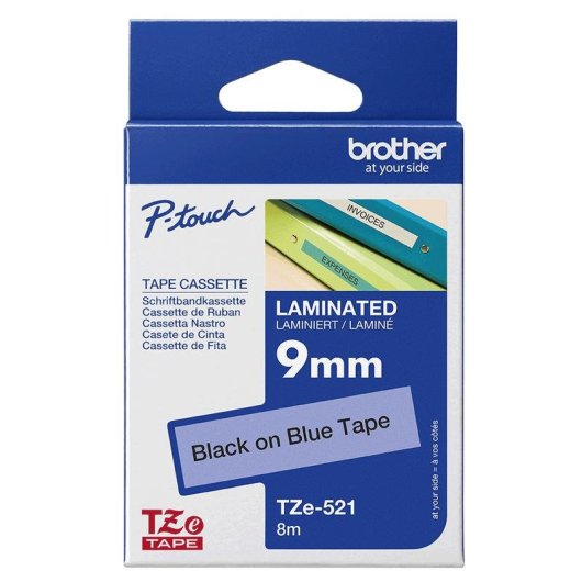 Ruban d'etiquetage Brother TZE-521 9mm Noir sur Bleu Laminé
