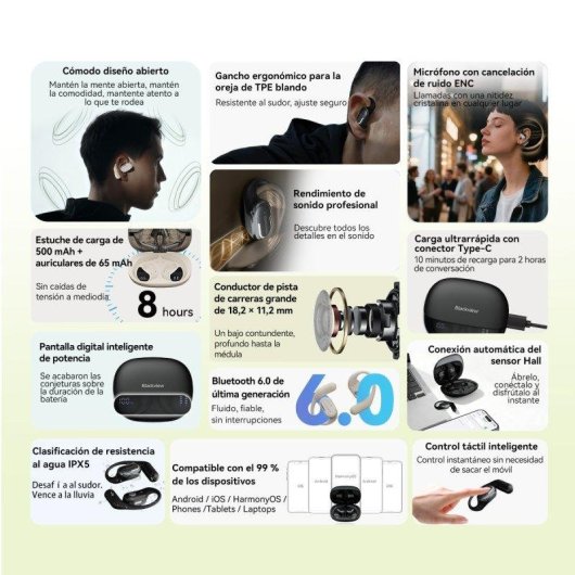 Auriculares Blackview Airbuds 300 sem fios Bluetooth IPX5 Clip Preto