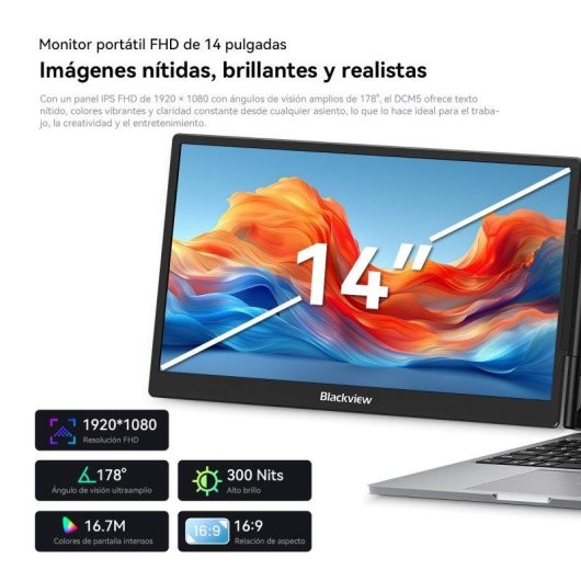 Monitor Blackview DCM5 14" FullHD 60Hz IPS Portátil USB-C Carga Inversa Altavoz Integrado