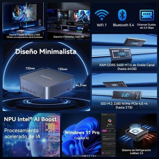 Mini PC GEEKOM GT1 Mega Intel Core Ultra 9 185H 16GB 1TB SSD Intel Arc Windows 11 Pro WiFi 7 Thunderbolt 4