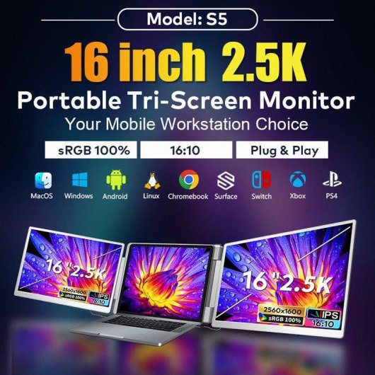 Monitor FOPO S5 16" FullHD+ 60Hz IPS Doble Pantalla Plegable USB-C Mini HDMI