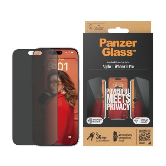 Protecteur d ecran PanzerGlass iPhone 15 Pro Ultra-Wide Fit Confidentialite