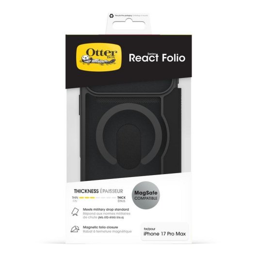 Funda pour mobile OtterBox React Folio MagSafe Ultra-mince Noire Transparente pour iPhone 17 Pro Max