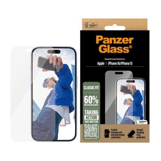 Protecteur d ecran PanzerGlass iPhone 16 15 Classic Fit anti rayures chocs