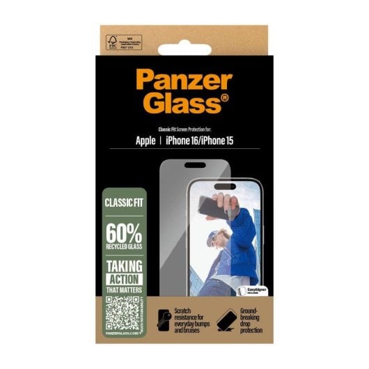 Protecteur d ecran PanzerGlass iPhone 16 15 Classic Fit anti rayures chocs