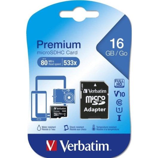 Carte MicroSDHC Verbatim Premium 16 GB Classe 10 10 MB/s Noire