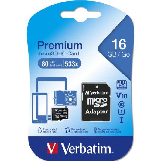 Carte MicroSDHC Verbatim Premium 16 GB Classe 10 10 MB/s Noire