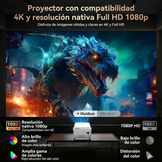 Proyector Huidun PT10 1080p 1500 Lúmenes 120" LED LCD WiFi 6 Bluetooth 5.2 Smart Portátil