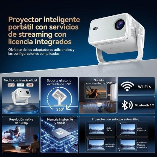 Proyector Huidun PT10 1080p 1500 Lúmenes 120" LED LCD WiFi 6 Bluetooth 5.2 Smart Portátil