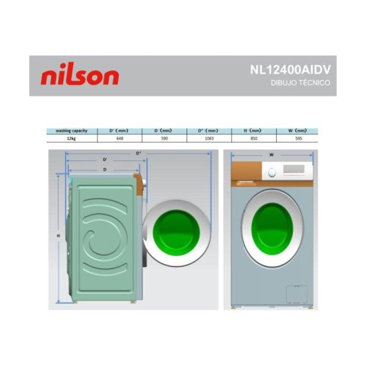 Lavadora Nilson NL12400AIDV Carga Frontal 12 Kg 1400 rpm A Blanca Big Door Display Vapor