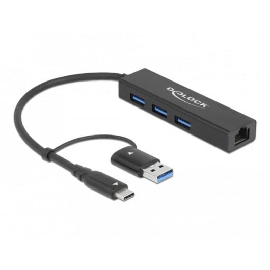Hub Delock 3 Ports USB 3.2 Gen 1 Gigabit Ethernet kompakt tragbar