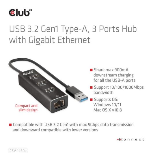 Hub Club 3D 3 portas 5 Gbps Gigabit Ethernet CSV-1430a compacto preto
