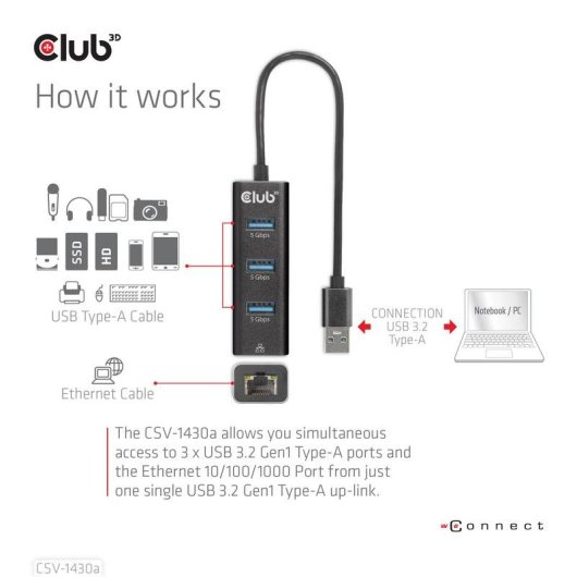 Hub Club 3D 3 portas 5 Gbps Gigabit Ethernet CSV-1430a compacto preto