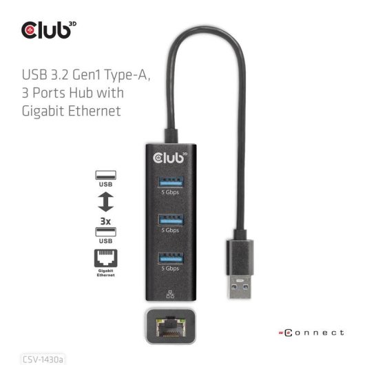 Hub Club 3D 3 portas 5 Gbps Gigabit Ethernet CSV-1430a compacto preto