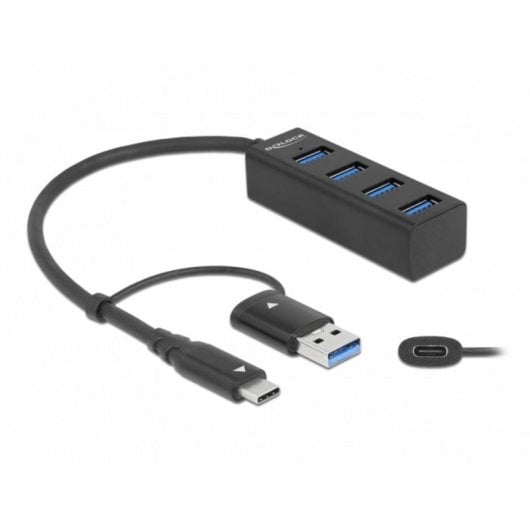 Hub Delock 4 puertos 5 Gbps USB Type-C y Type-A compacto y robusto