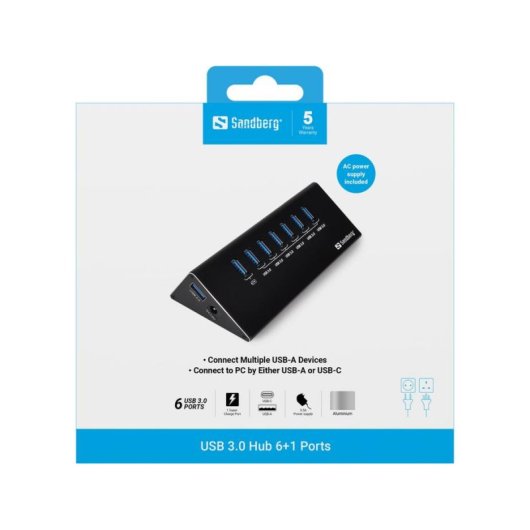 Hub Sandberg 7 puertos USB 3.2 Gen 1 5000 Mbit/s Negro con carga