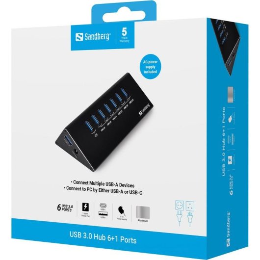 Hub Sandberg 7 puertos USB 3.2 Gen 1 5000 Mbit/s Negro con carga