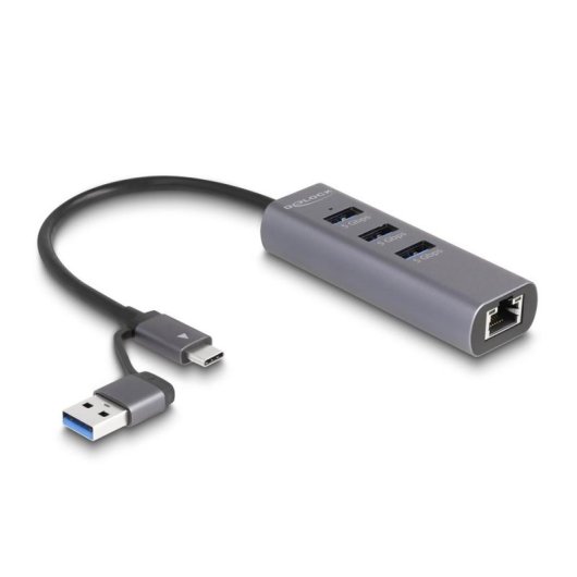 Hub Delock 3 Ports 5 Gbps Gigabit LAN USB-C/A Metallgehäuse