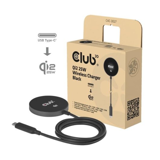 Cargador inalámbrico Club 3D CAC-3027 Qi2 25W MagSafe Negro
