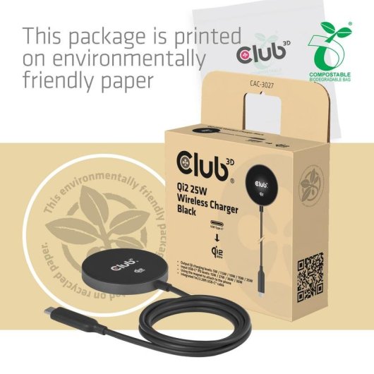 Cargador inalámbrico Club 3D CAC-3027 Qi2 25W MagSafe Negro