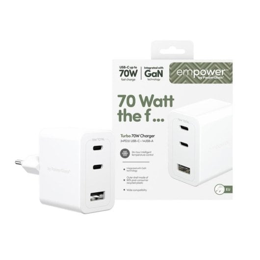 Chargeur PanzerGlass Turbo 70W 2xUSB-C USB-A Prise UE Blanc