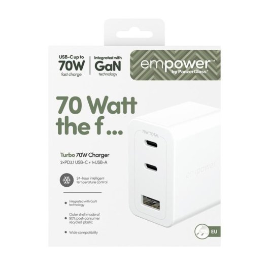 Chargeur PanzerGlass Turbo 70W 2xUSB-C USB-A Prise UE Blanc