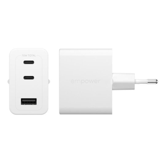 Chargeur PanzerGlass Turbo 70W 2xUSB-C USB-A Prise UE Blanc
