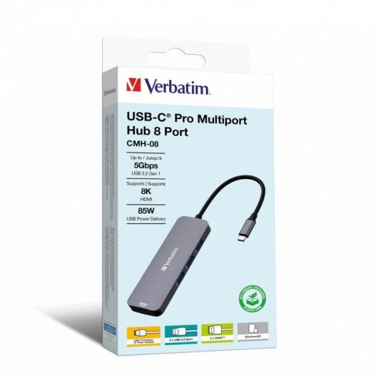 Hub Verbatim 8 portas 5 Gb/s modelo CMH-08 HDMI 8K leitor SD