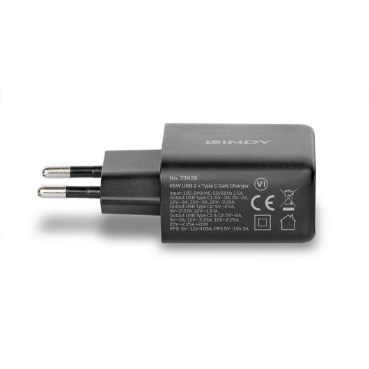 Ladegerät Lindy 73438 65W 2x USB-C Power Delivery 3.0 GaN