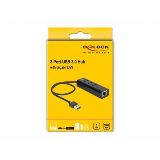 Hub Delock 3 Ports 1000 Mbps USB 3.0 Gigabit Ethernet LED