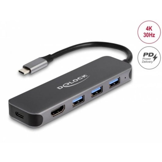 Hub Delock 3 Ports USB 3.2 Gen 1 85 W HDMI 4K 30 Hz PD 3.0 Grau
