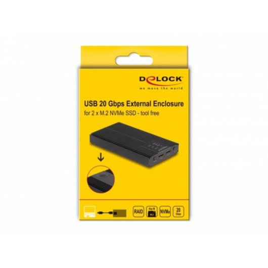 Caja PC Delock USB Type-C Metall Schwarz für 2 SSD M.2 NVMe RAID werkzeuglos