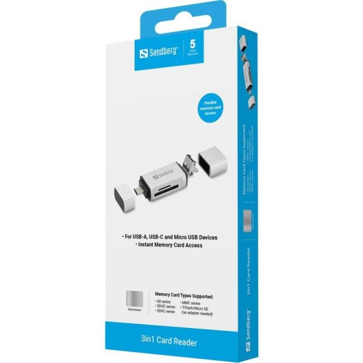 Lettore di schede Sandberg USB-C+USB+MicroUSB con connessioni multiple