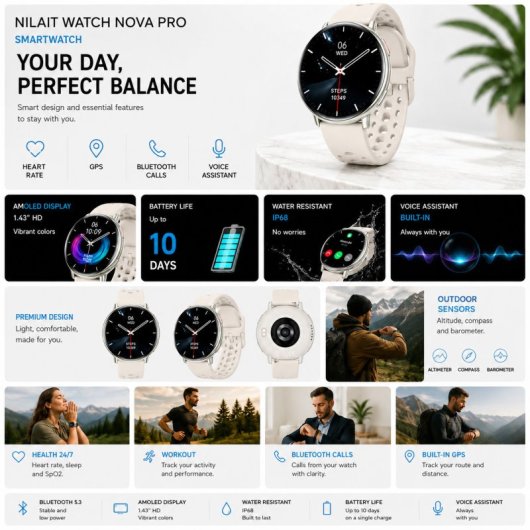 Nilait Watch Nova Pro Smartwatch AMOLED 1.43" GPS Integrado IA Llamadas Bluetooth IP68 (Blanco)