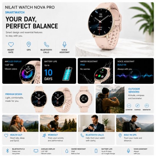 Nilait Watch Nova Pro Smartwatch AMOLED 1.43" GPS Integrado IA Llamadas Bluetooth IP68 (Rosa)