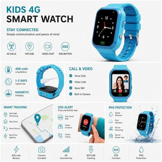 Nilait Kids Watch Safe GPS Smartwatch Infantil 4G con Videollamadas, Llamadas y Botón SOS Azul