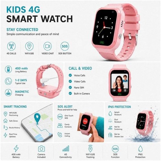 Nilait Kids Watch Safe GPS Smartwatch Infantil 4G con Videollamadas, Llamadas y Botón SOS Rosa