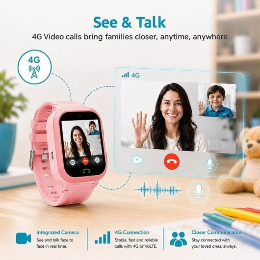 Nilait Kids Watch Safe GPS Smartwatch Infantil 4G con Videollamadas, Llamadas y Botón SOS Rosa