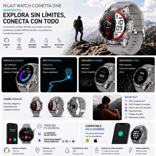Nilait Watch Commeta One smartwatch AMOLED con GPS de alto rendimiento (Gris)