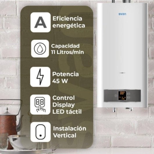 Termo a gás Svan 11L/min 45W vertical branco com controlo LED