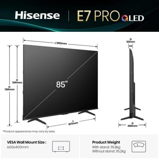 TV Hisense QLED 85E77Q PRO 85" 4K UltraHD 144Hz Smart TV VIDAA HDR10+ Dolby Vision FreeSync