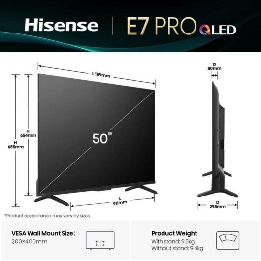 TV Hisense QLED 50E77Q PRO 50" 4K UltraHD 144Hz Smart TV VIDAA Dolby Vision HDR10+ Gaming