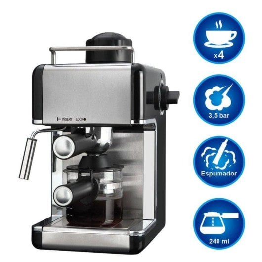 Máquina de café expresso Klack 800W 3,5 Bares com espumador inox 4 chávenas