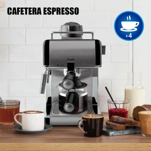 Máquina de café expresso Klack 800W 3,5 Bares com espumador inox 4 chávenas
