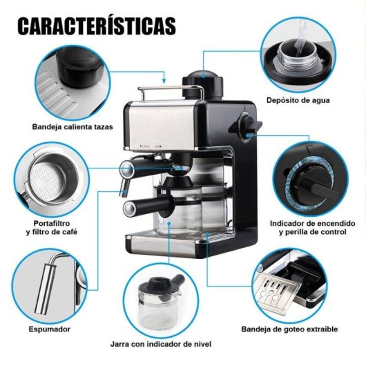 Máquina de café expresso Klack 800W 3,5 Bares com espumador inox 4 chávenas