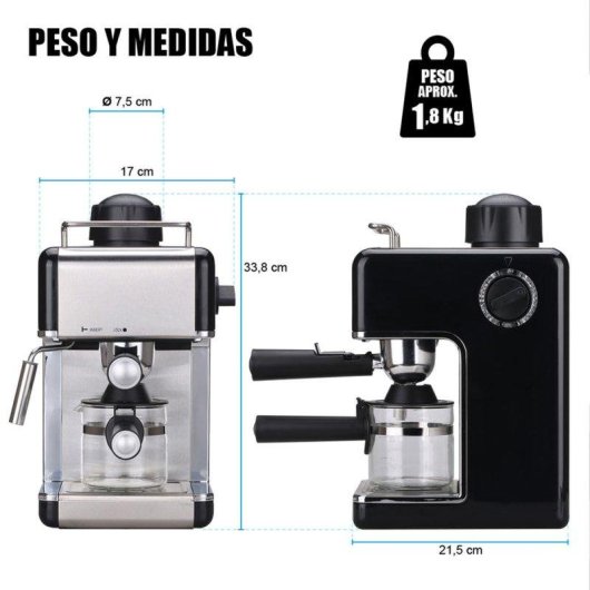 Máquina de café expresso Klack 800W 3,5 Bares com espumador inox 4 chávenas